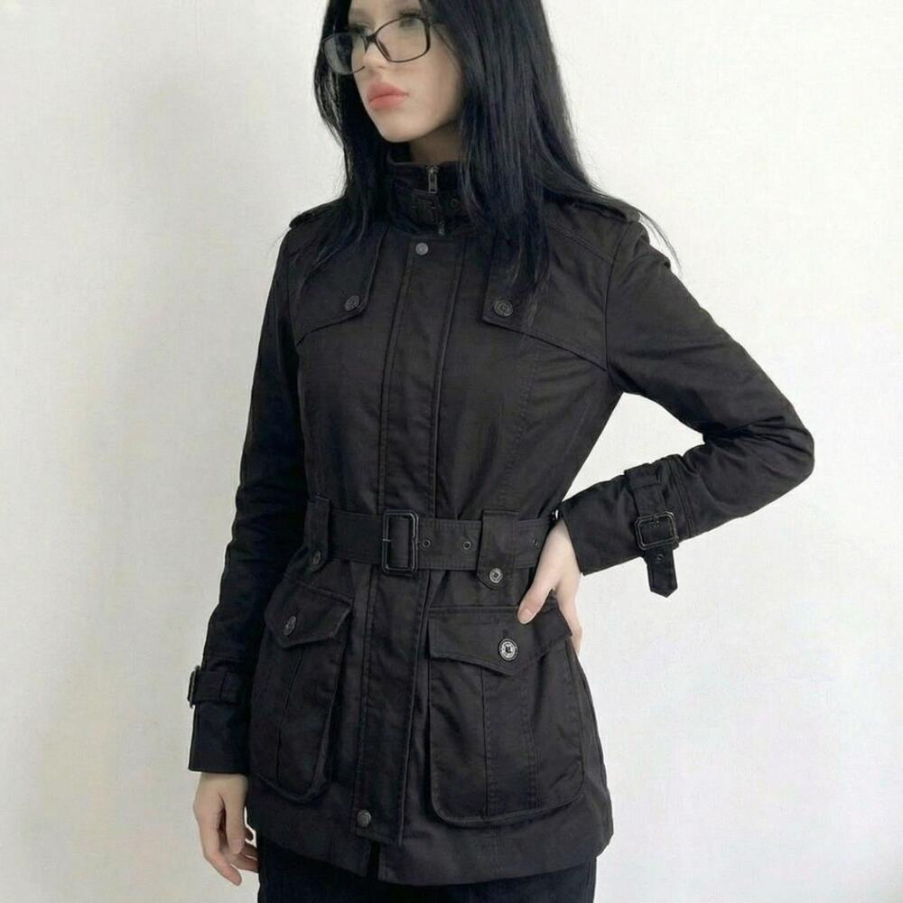 Black Funnel Neck Hooded Coat Indie Sleaze Gorpcore Grunge Spring Tech 90s